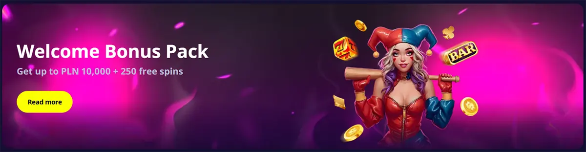 Casino welcome bonus banner featuring a jester-style character, glowing pink-purple background, and a promotion of up to PLN 10,000 plus 250 free spins with a yellow “Read more” button.